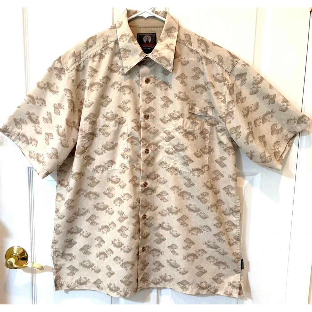 Weatherproof Garment Co Mens‎ Fishing Size L Beige Fish Print Button-Up Outdoor
